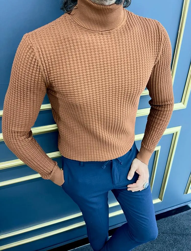 Thread Slim Fit Custom Design Half Collared Textured Camel Turtleneck