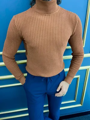 Thread Slim Fit Custom Design Half Collared Textured Camel Turtleneck